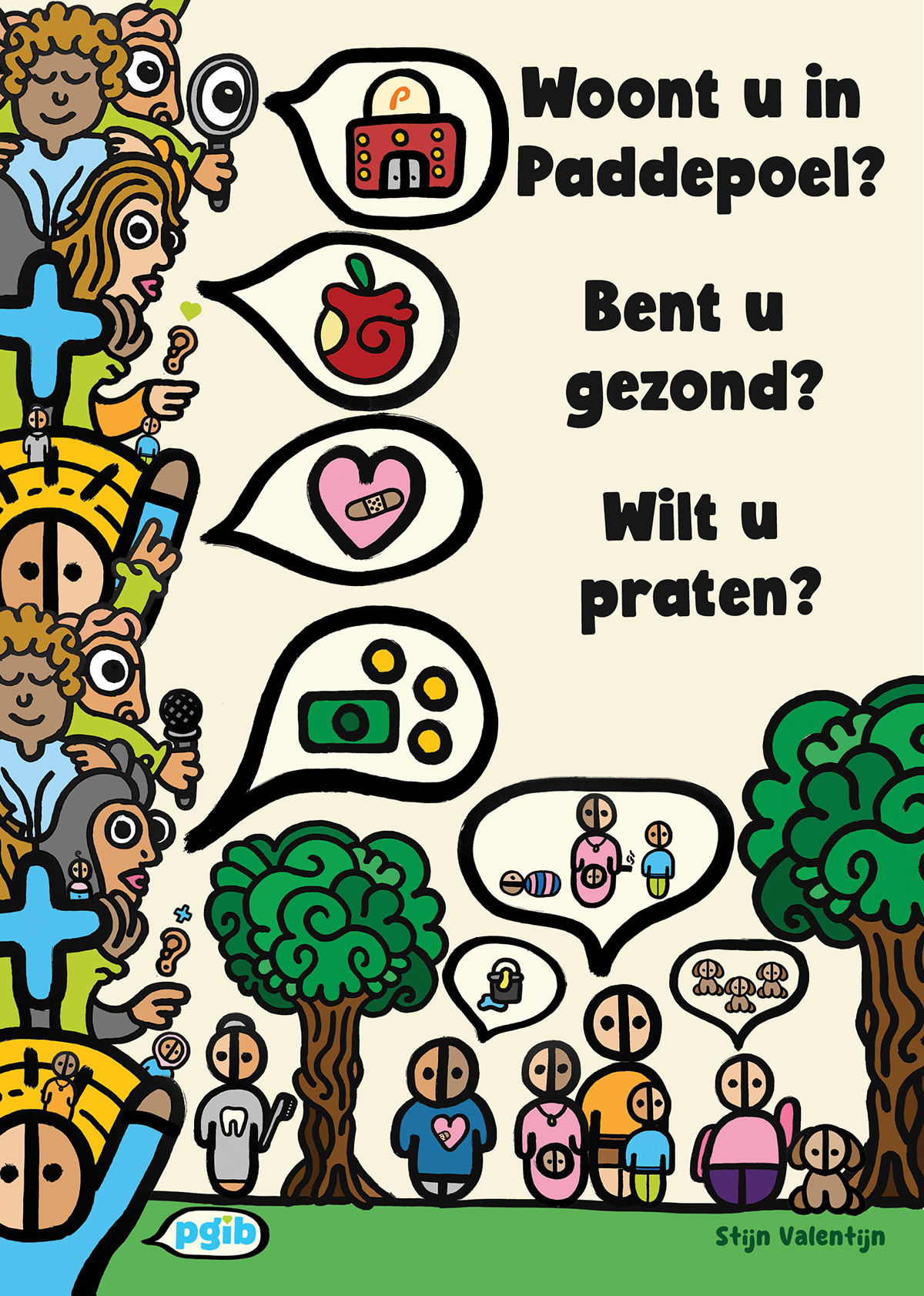 Voorkant flyer: Gezondheid is belangrijk, maar niet altijd simpel. In ons project vragen we hoe mensen in Paddepoel dit doen. Door verhalen te delen, willen we anderen helpen en tips geven.